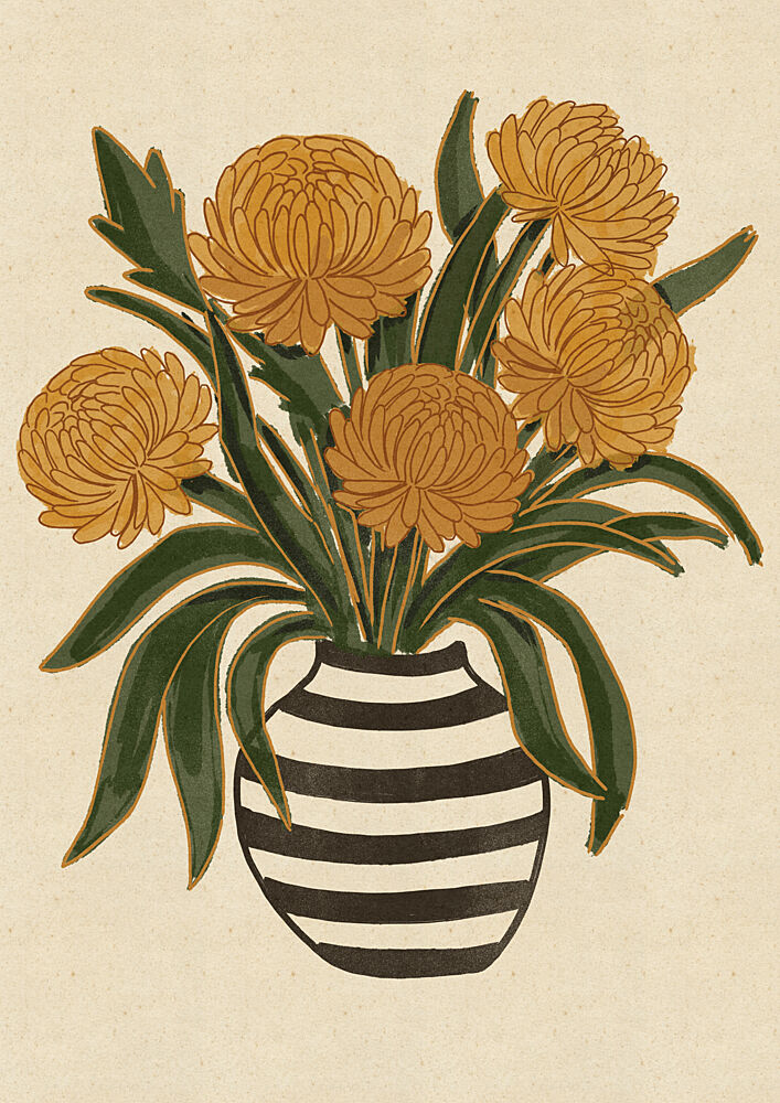 Yellow Chrysanthemums Striped Vase art print by Nicholas for $57.95 CAD