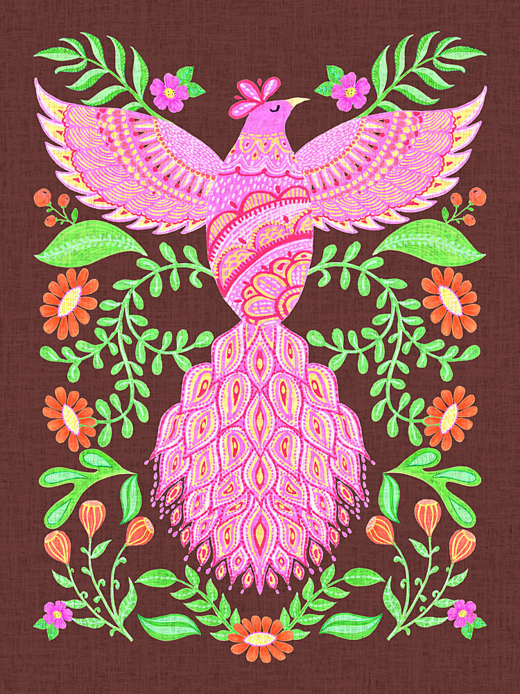 Colourful Whimsical Boho Folk Art Bird in Vibrant Pink and Blue art print by Suchi Deb for $57.95 CAD