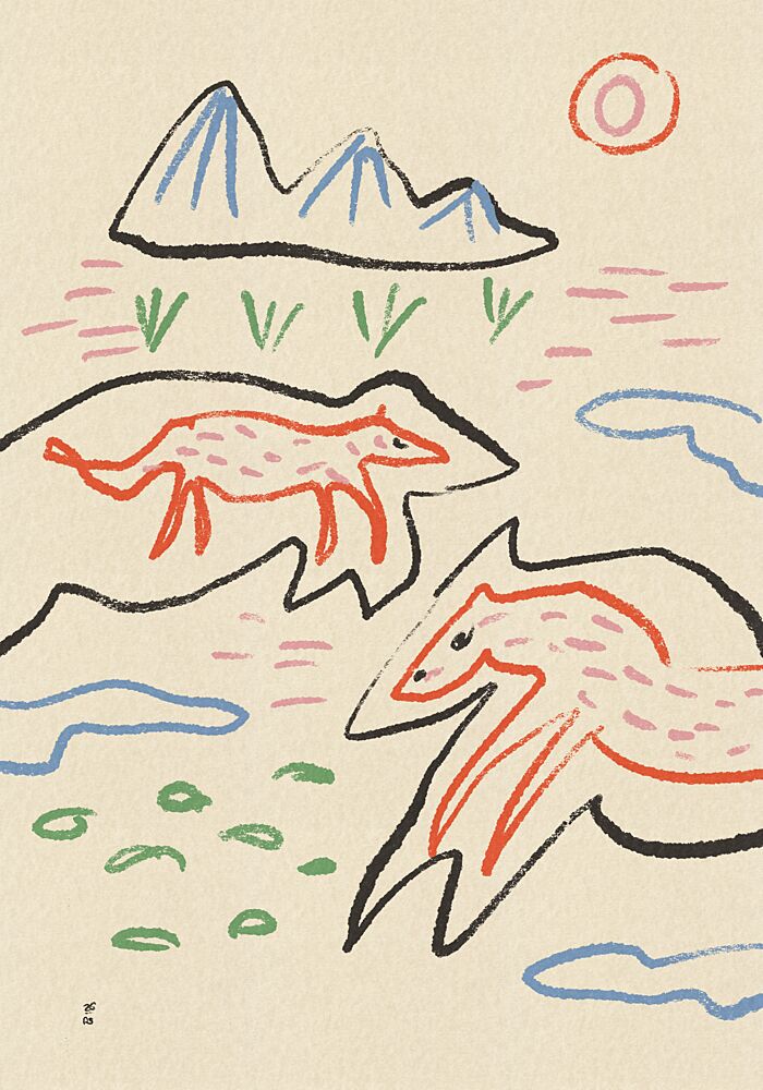 Whimsical Foxes Mountain Landscape art print by Raipa Studio for $57.95 CAD