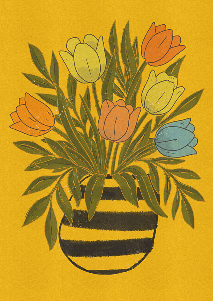 Colorful Tulips in Striped Vase art print by Nicholas for $57.95 CAD