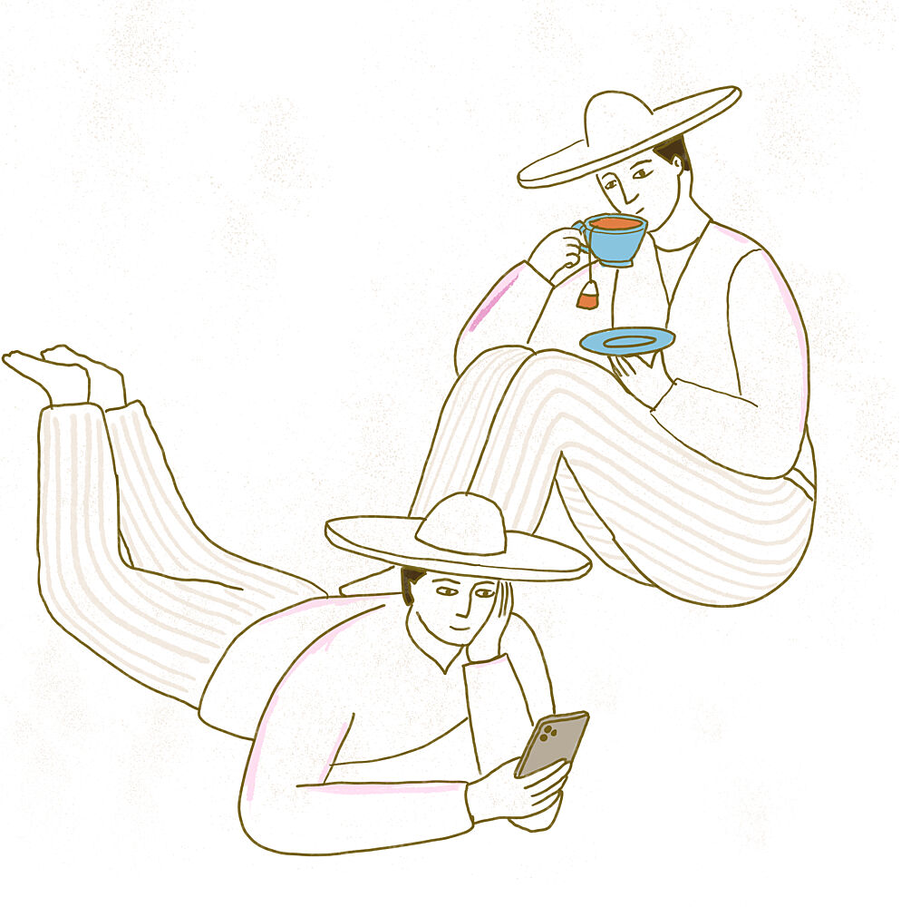 Relaxed Tea and Phone art print by Nicholas for $57.95 CAD