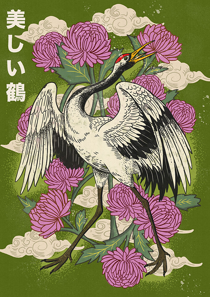 Japanese Crane Chrysanthemums art print by Nicholas for $57.95 CAD