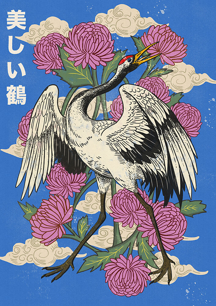 Elegant Japanese Crane Blooms art print by Nicholas for $57.95 CAD