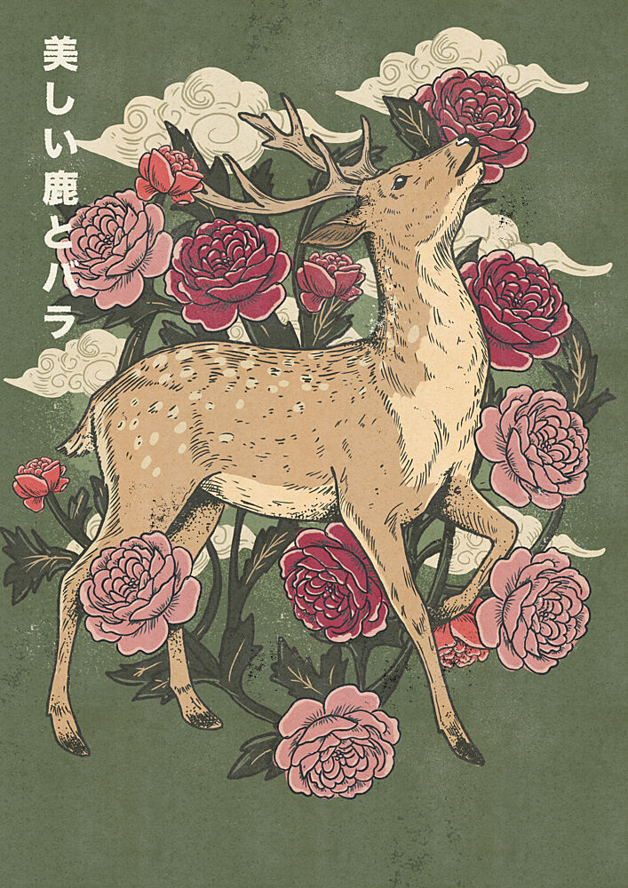 Graceful Deer and Roses art print by Nicholas for $57.95 CAD