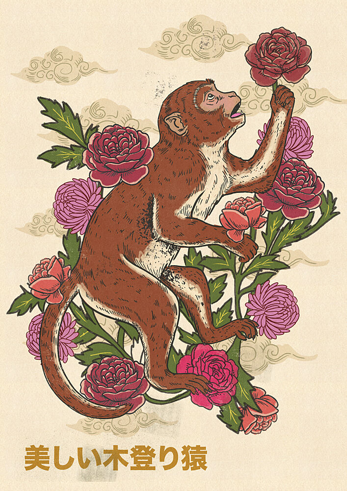 Climbing Monkey with Peonies art print by Nicholas for $57.95 CAD