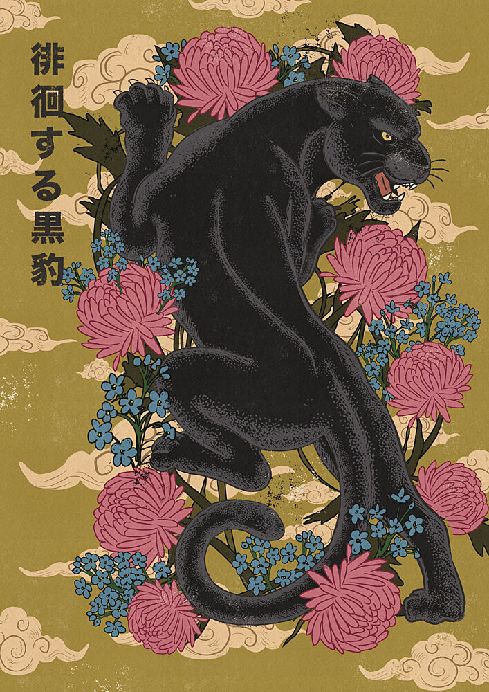Japanese Black Panther Flowers art print by Nicholas for $57.95 CAD