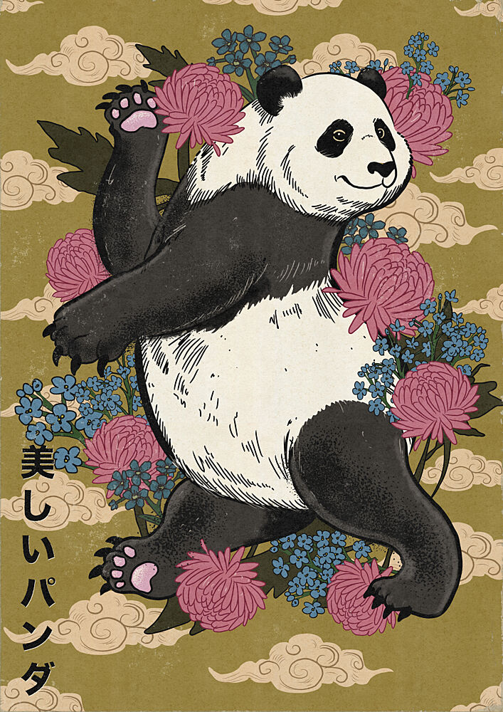 Happy Panda with Flowers art print by Nicholas for $57.95 CAD