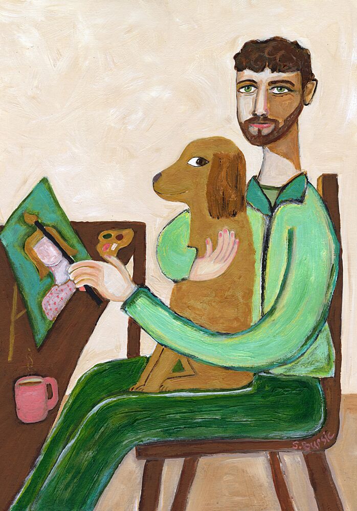 Man Painting with Dog art print by Sharyn Bursic for $57.95 CAD