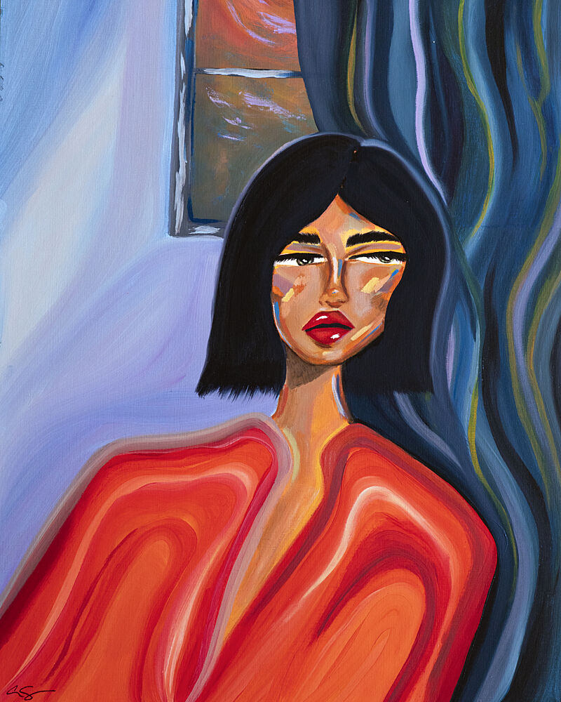 Woman in Red by Window art print by Amy Straley for $57.95 CAD