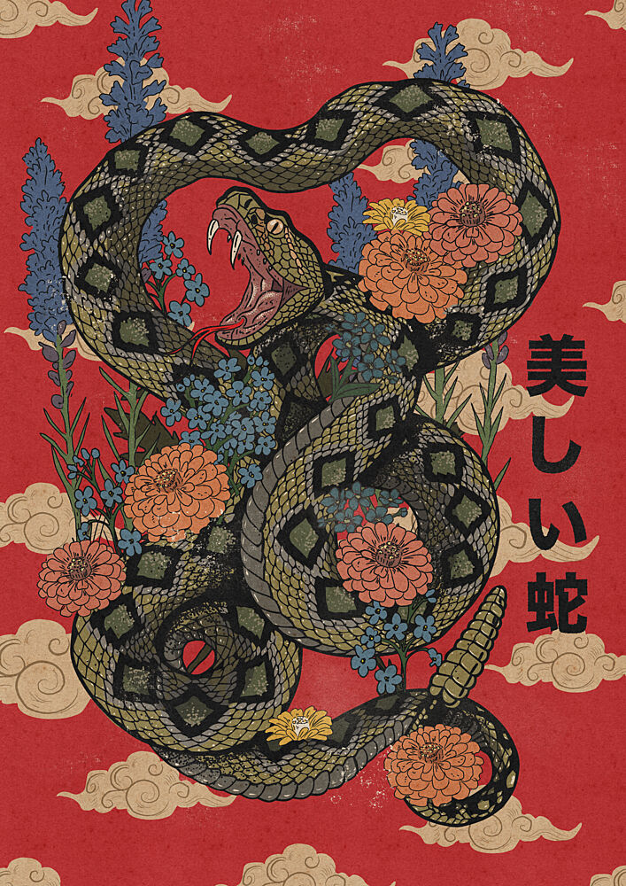 Beautiful Japanese Snake art print by Nicholas for $57.95 CAD