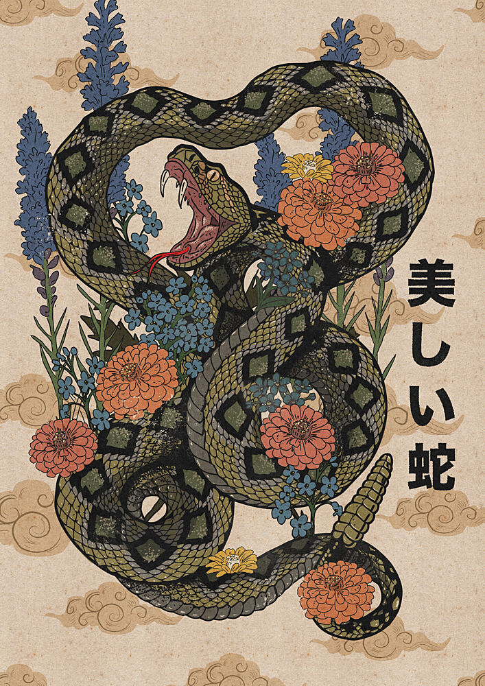 Japanese Floral Serpent art print by Nicholas for $57.95 CAD