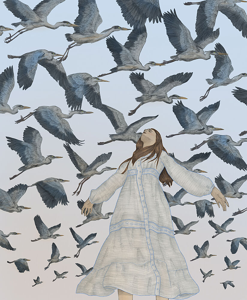 Woman and Flying Herons art print by E.C. Mazur for $57.95 CAD