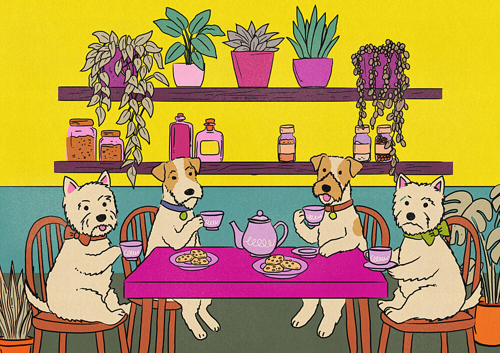 Whimsical Dog Tea Party art print by Nicholas for $57.95 CAD