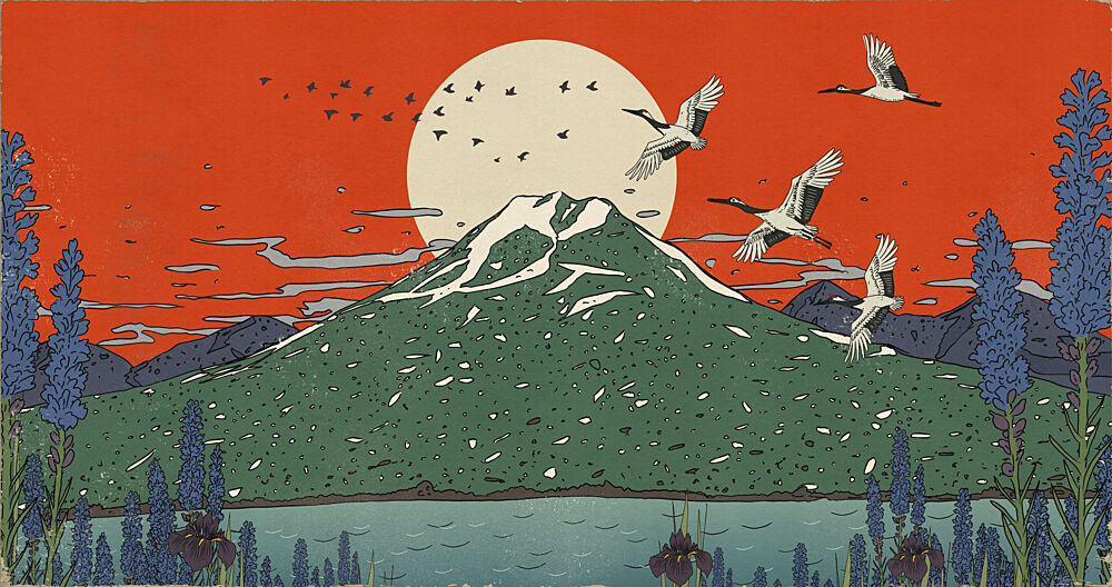 Mount Fuji Cranes Sunrise art print by Nicholas for $57.95 CAD