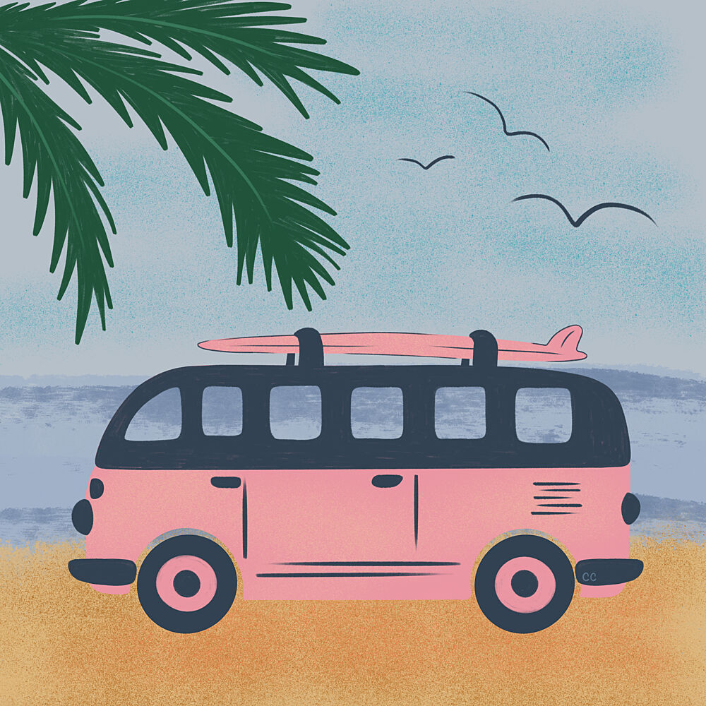 Pink Beach Camper art print by Carrie Cantwell for $57.95 CAD