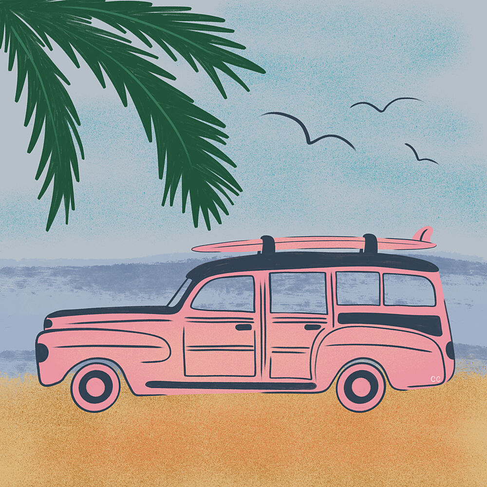Pink Beach Surfer Car art print by Carrie Cantwell for $57.95 CAD