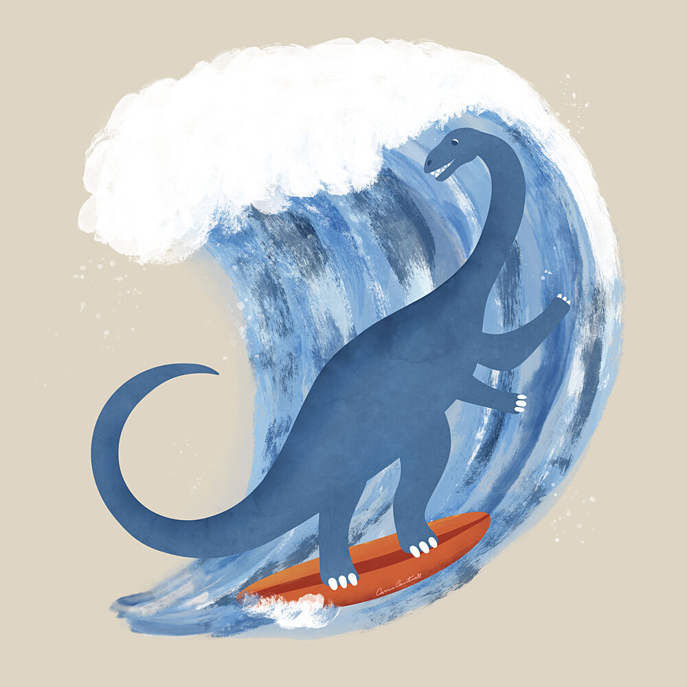 Whimsical Surfing Dinosaur art print by Carrie Cantwell for $57.95 CAD