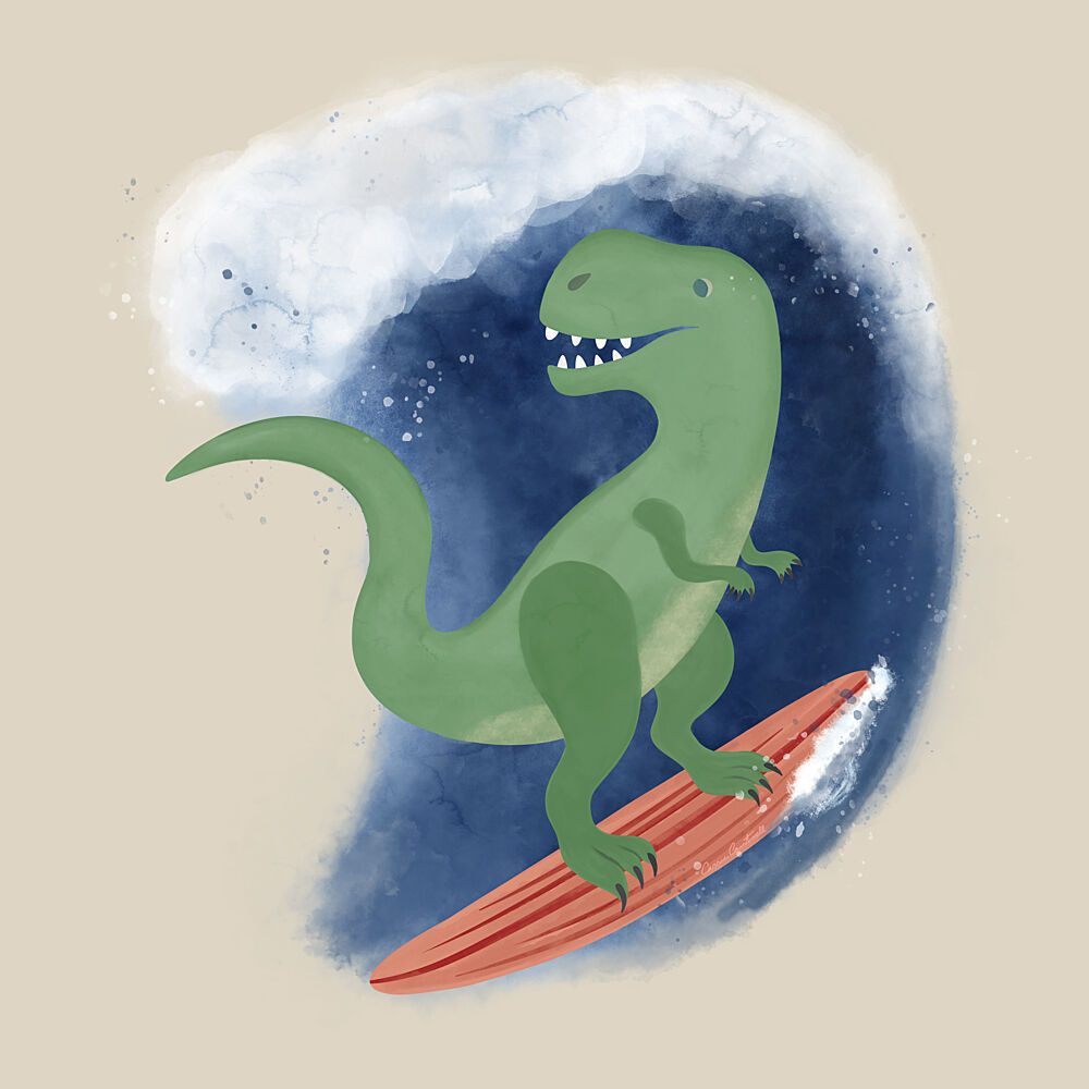 T-Rex Surfing Wave art print by Carrie Cantwell for $57.95 CAD