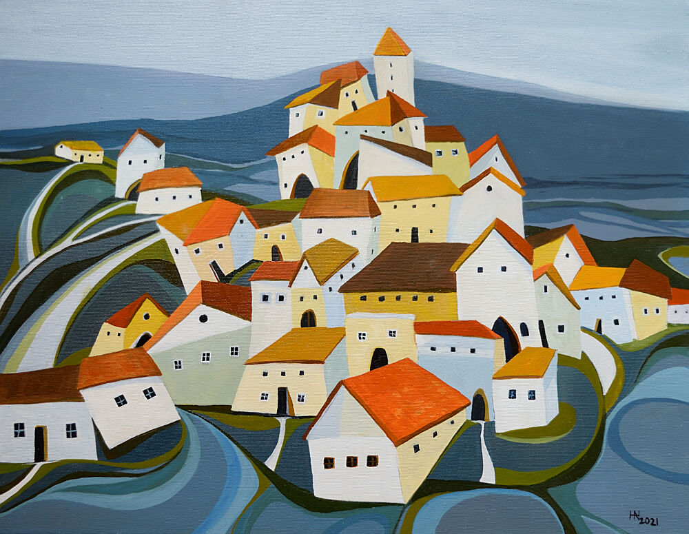 Colorful Hillside Village art print by Aniko Hencz for $57.95 CAD