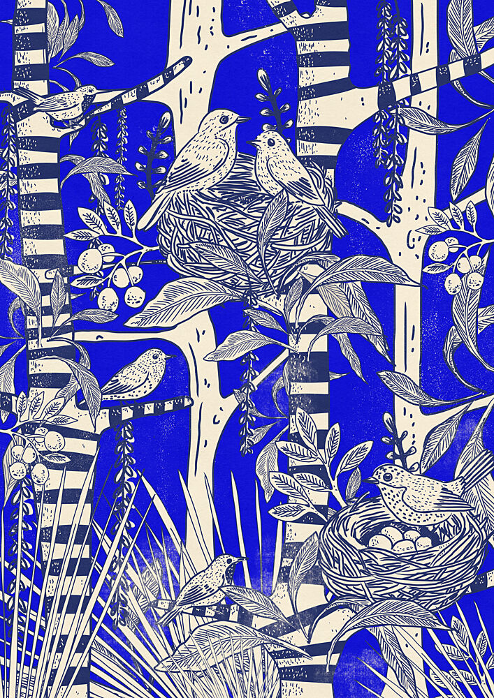 Vibrant Blue Forest Birds art print by Nicholas for $57.95 CAD