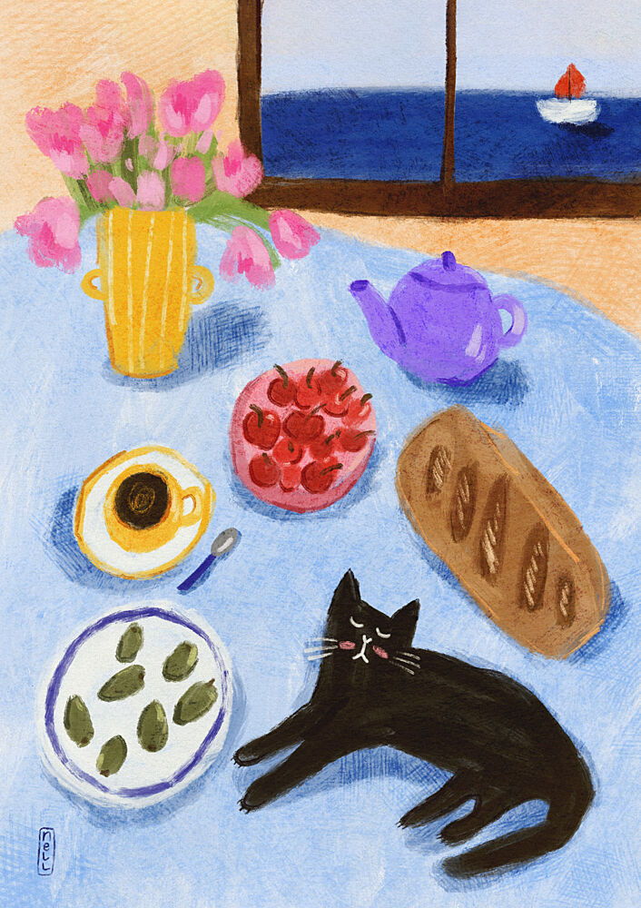 Relaxing Seaside Cat Breakfast art print by Dirkie Nell for $57.95 CAD