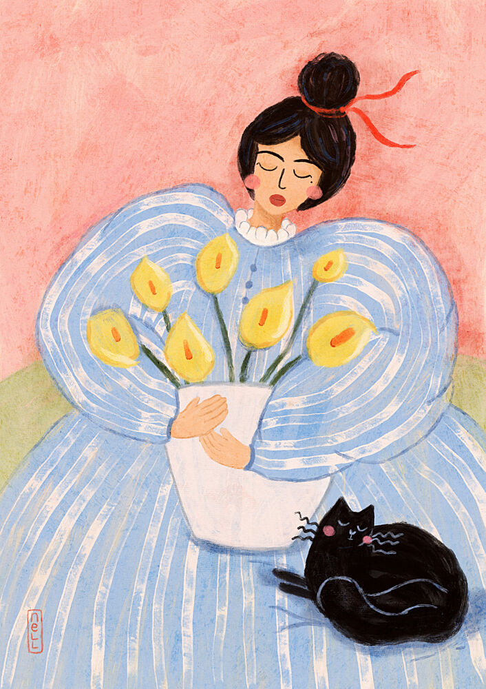 Woman with Flowers and Cat art print by Dirkie Nell for $57.95 CAD