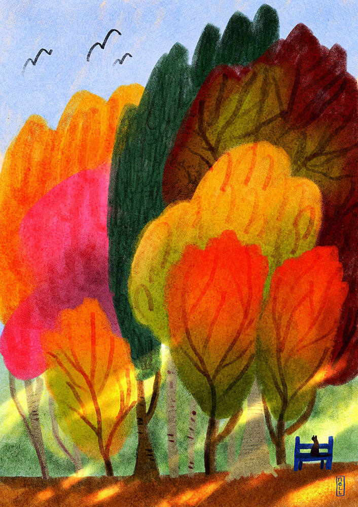 Cat on a Park Bench and Summer Trees art print by Dirkie Nell for $57.95 CAD