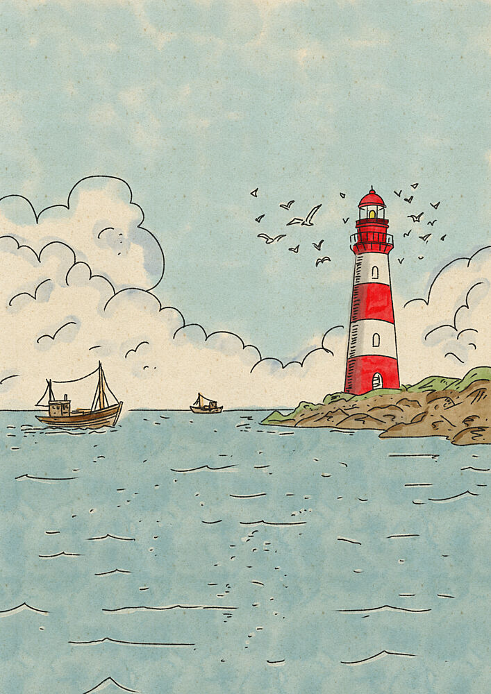Red Lighthouse Seascape art print by Nicholas for $57.95 CAD