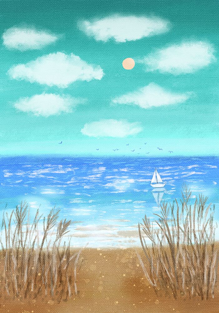 Tranquil Beach Sailboat art print by Aliya Putrus for $57.95 CAD