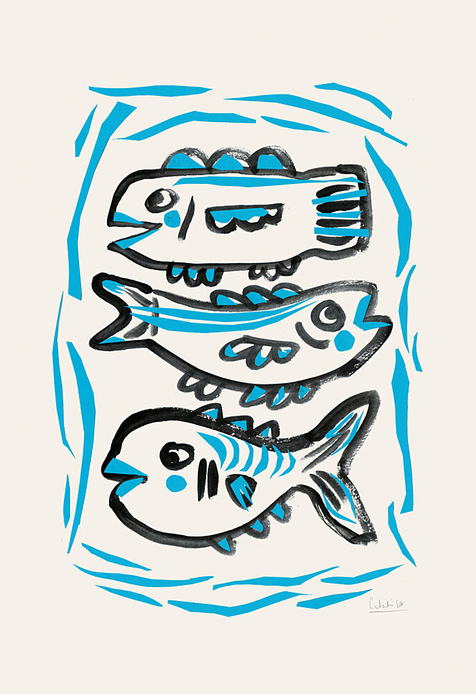 Three Blue Fish art print by Catalina Somolinos for $57.95 CAD