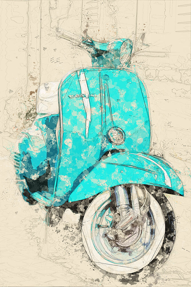 Vintage Teal Scooter Art art print by Lembayung Senja Studio Vintage Poster for $57.95 CAD