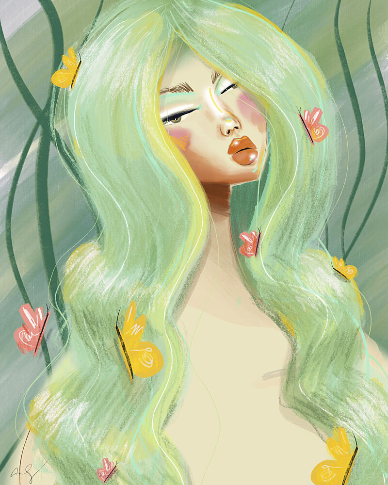 Serene Green Hair Butterflies art print by Amy Straley for $57.95 CAD