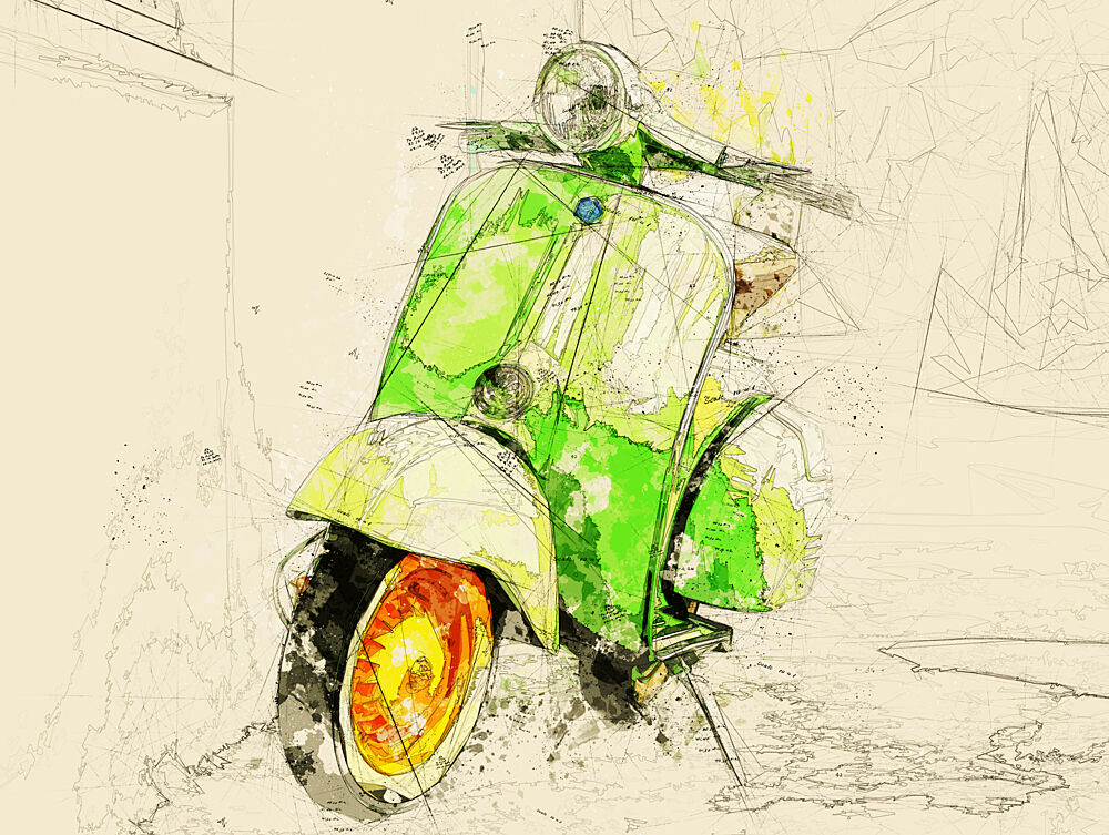 Vibrant Green Scooter Sketch art print by Lembayung Senja Studio Vintage Poster for $57.95 CAD