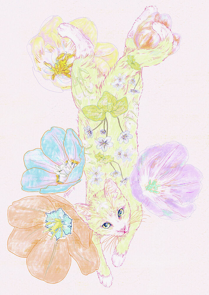 Pastel Cat and Tulips art print by Katariina Kosunen for $57.95 CAD