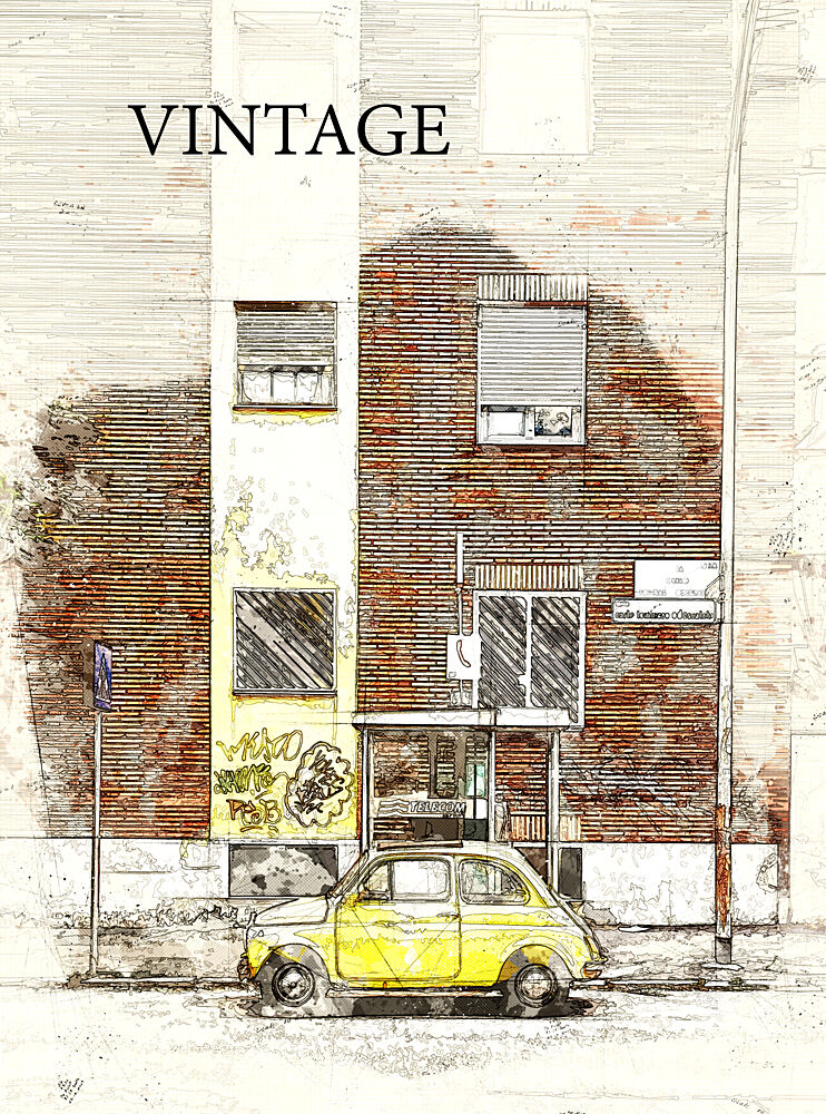 Yellow Vintage Car Street art print by Lembayung Senja Studio Vintage Poster for $57.95 CAD