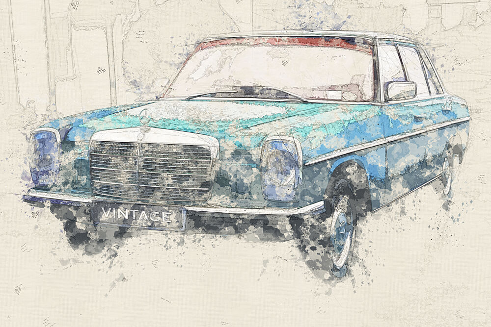 Vintage Blue Car Painting art print by Lembayung Senja Studio Vintage Poster for $57.95 CAD