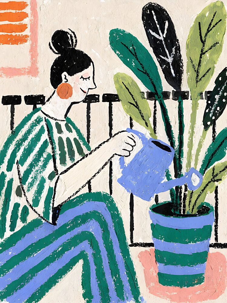 Woman Watering Houseplant art print by Miguel Bruzual for $57.95 CAD