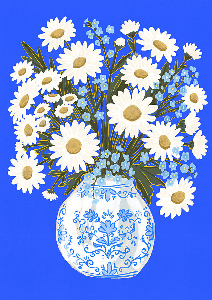 White Daisies Blue Vase art print by Nicholas for $57.95 CAD