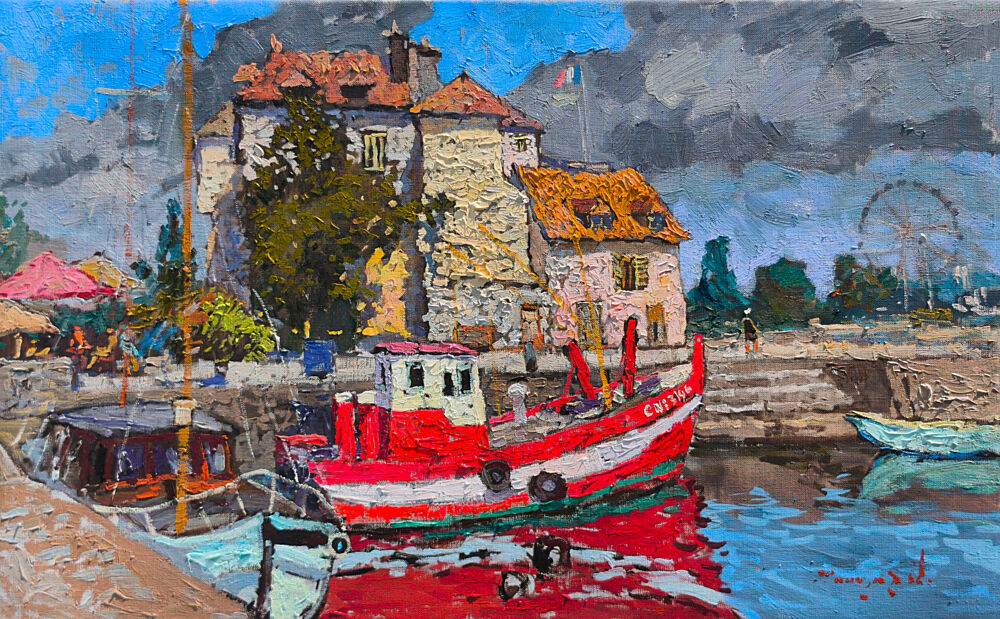 Colorful Harbor Fishing Boat art print by Alexander Shandor for $57.95 CAD