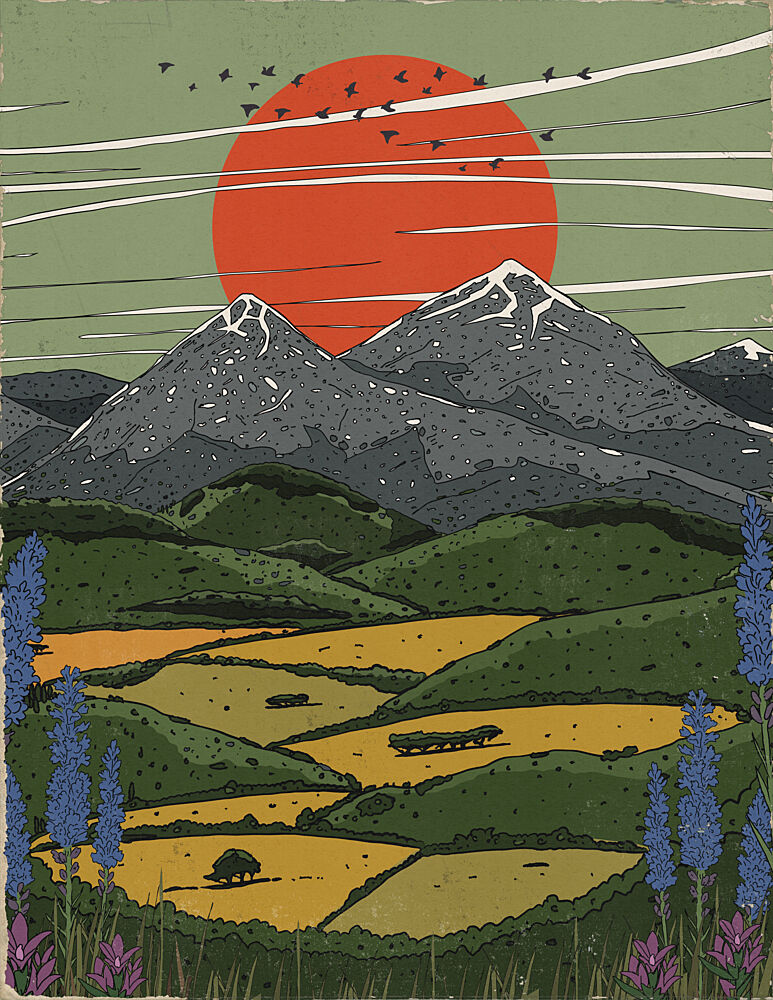 Red Sun Mountain Landscape art print by Nicholas for $57.95 CAD