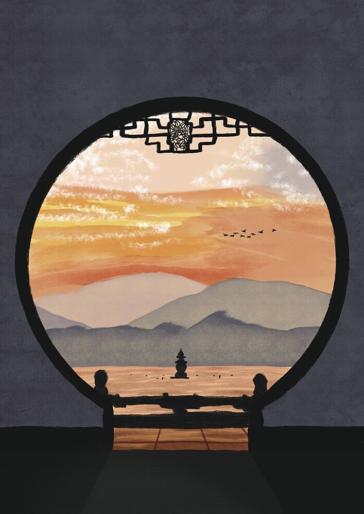 Asian Pagoda Sunset View art print by Lisa Solomoniuk for $57.95 CAD