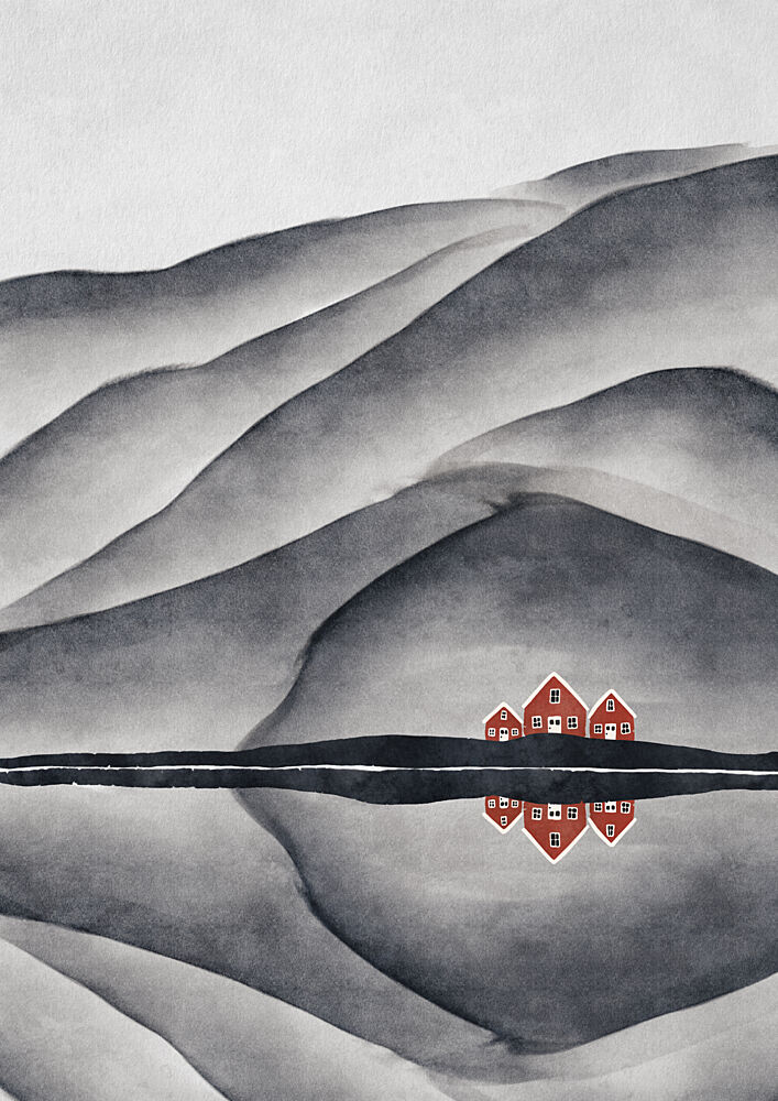 Red Houses Lake Reflection art print by Lisa Solomoniuk for $57.95 CAD