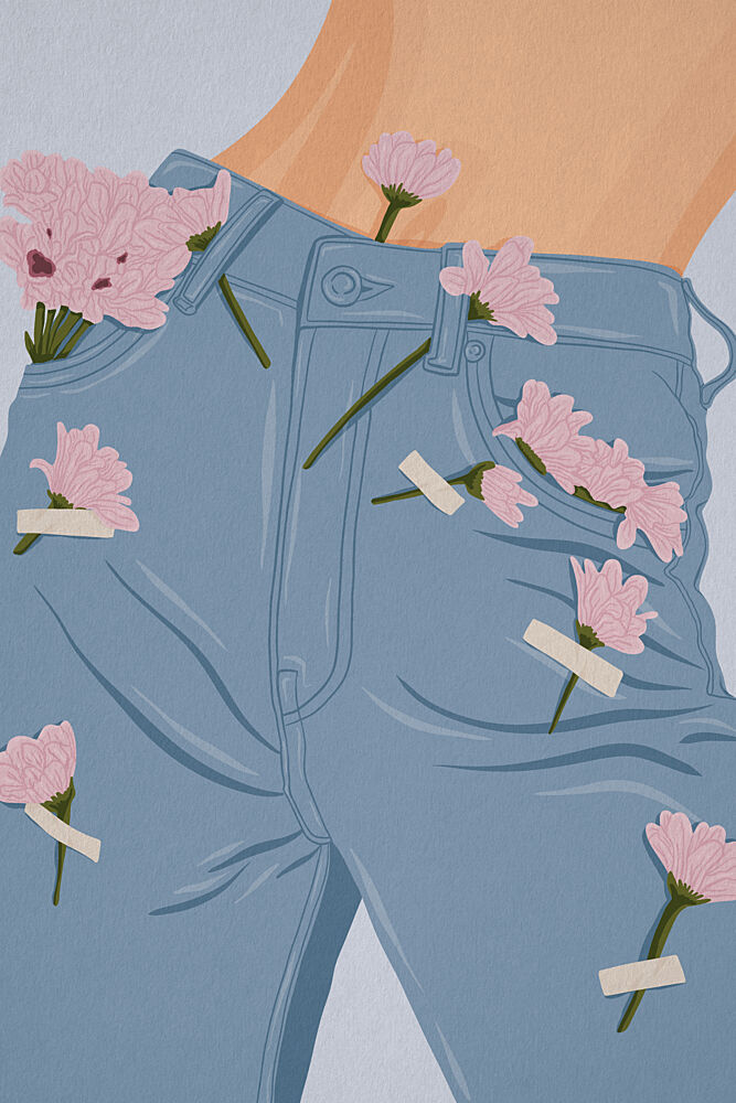 Pink Flowers on Jeans art print by Lisa Solomoniuk for $57.95 CAD