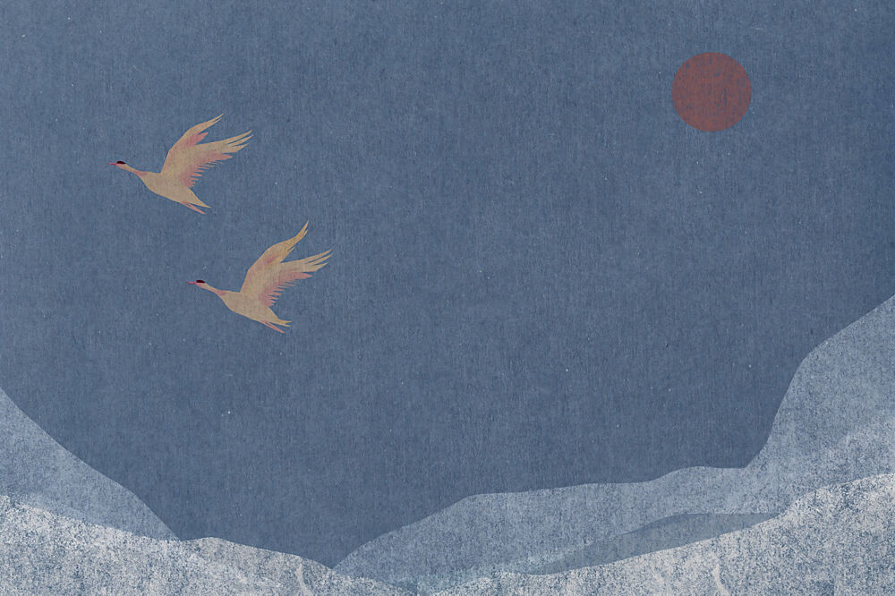 Cranes over Snowy Peaks art print by Josie George for $57.95 CAD
