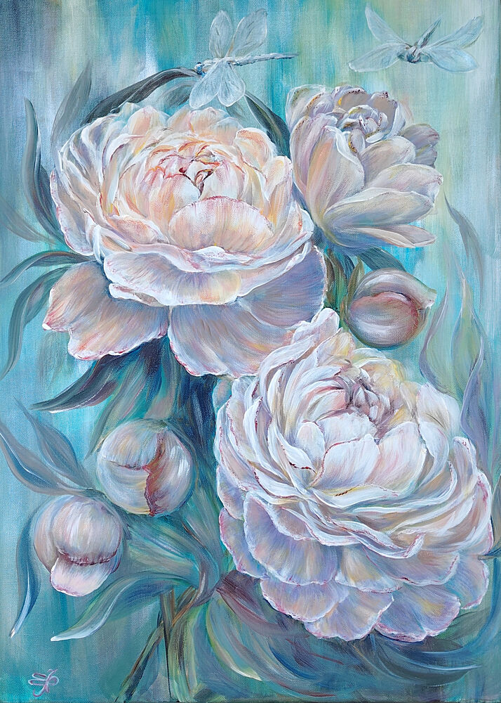 White Peonies Dragonflies art print by Elena Pertceva for $57.95 CAD