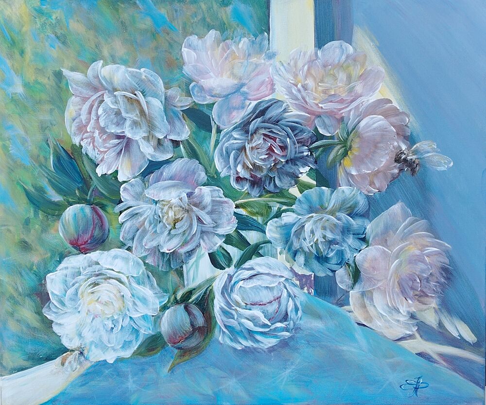Delicate Peonies with Bee art print by Elena Pertceva for $57.95 CAD