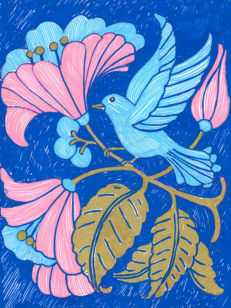 Blue Bird Pink Blooms art print by Katie O'Shea for $57.95 CAD