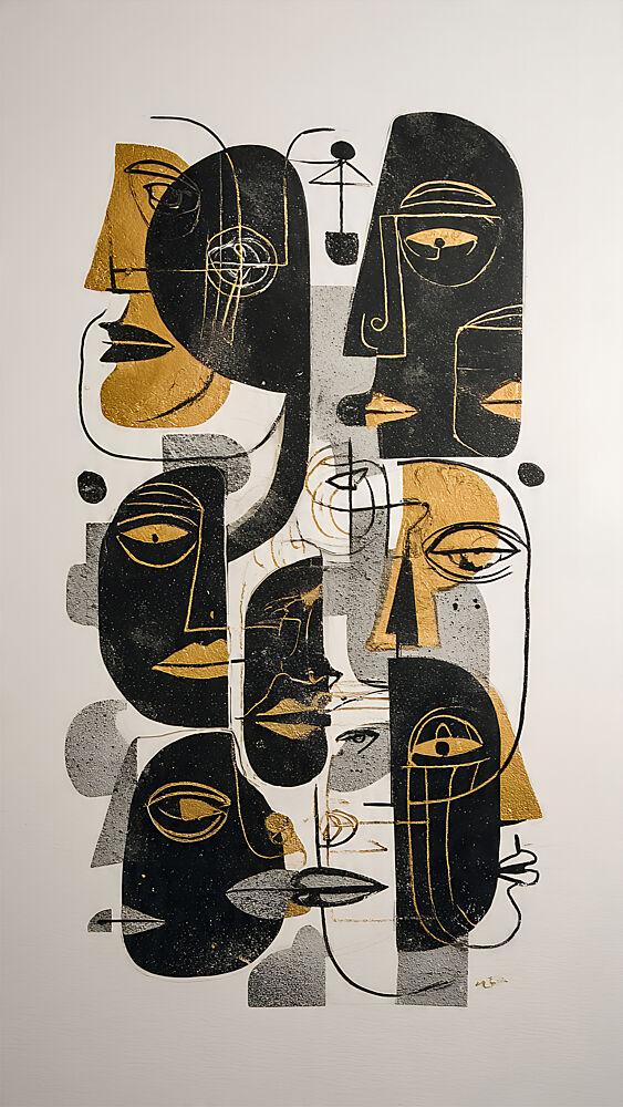 Golden Cubist Faces art print by Miguel Bruzual for $57.95 CAD