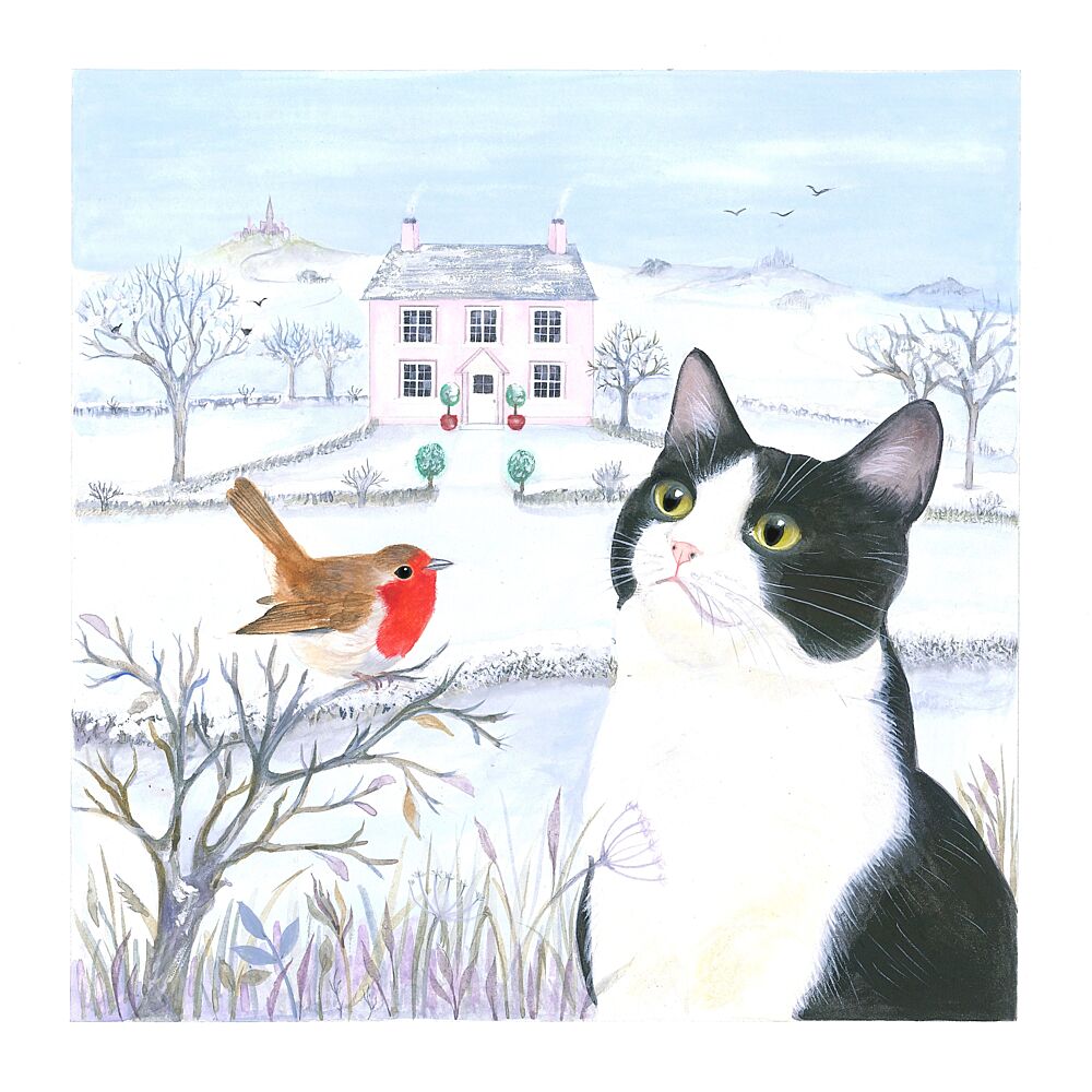 Winter Cat and Robin art print by Isabelle Brent for $57.95 CAD