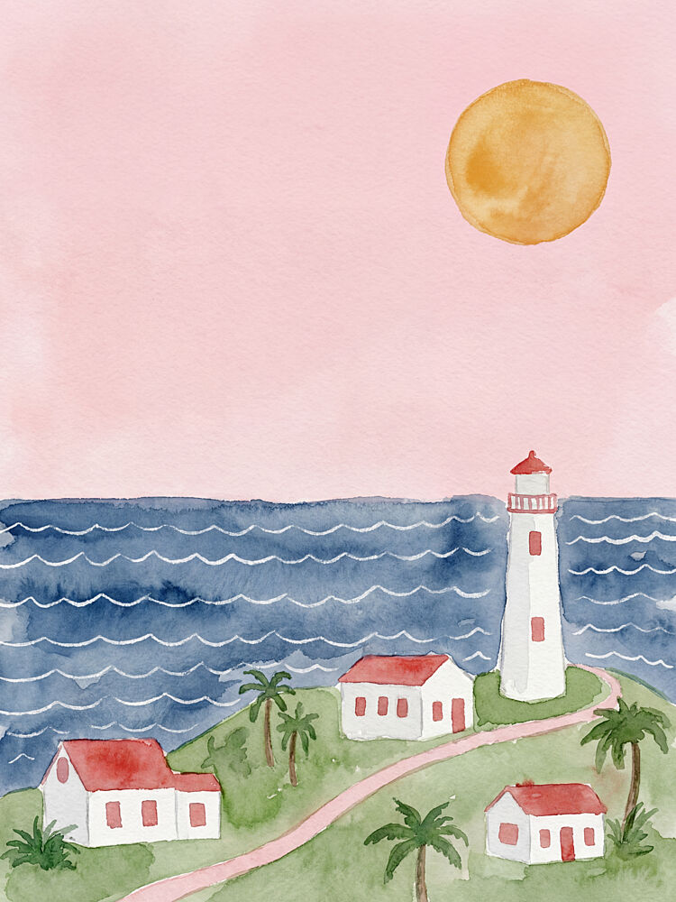 Pink Sky Lighthouse Village art print by Mathieu for $57.95 CAD